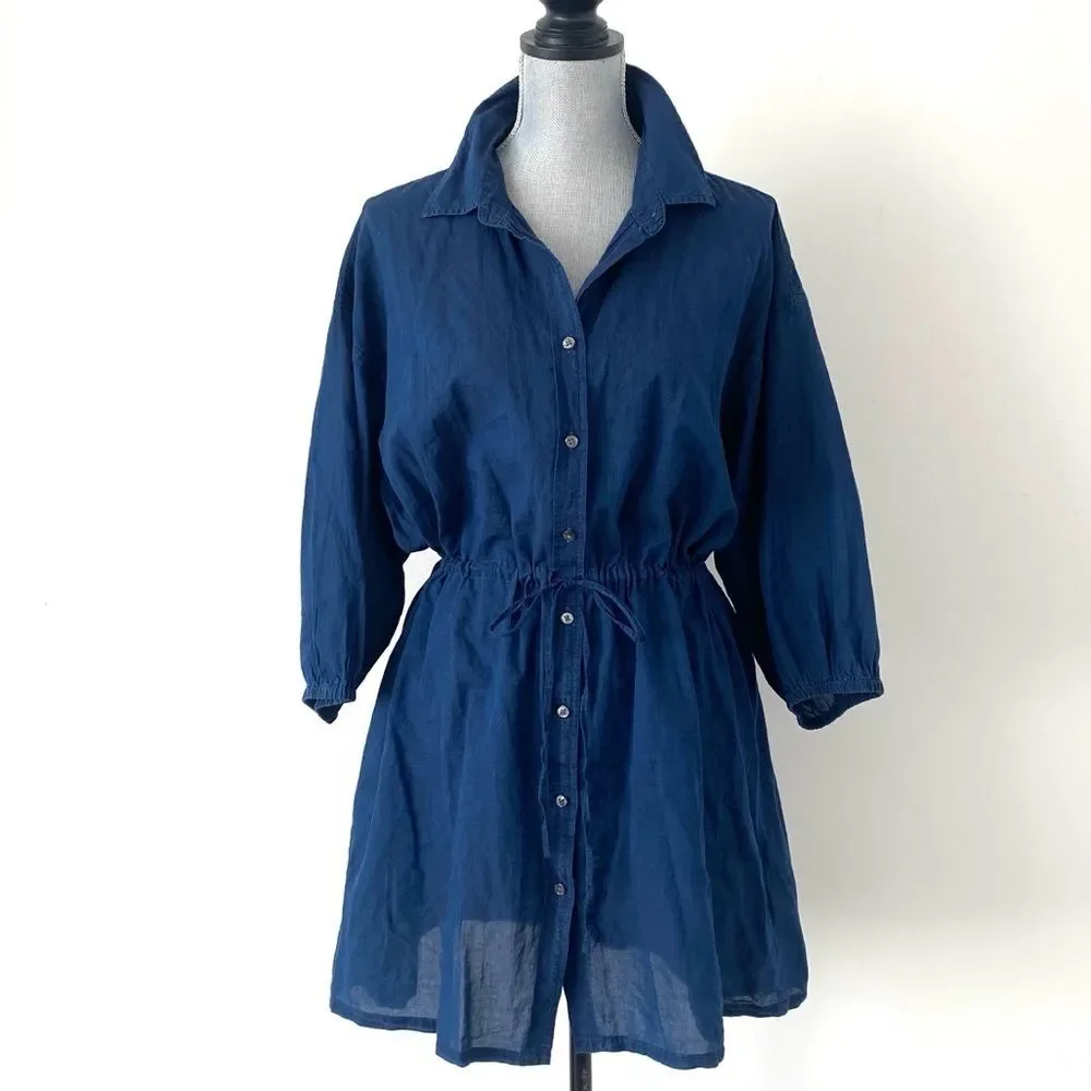 J.Crew Navy Blue Button-Up Mini Dress or Tunic Sz M Balloon Sleeve Vacation